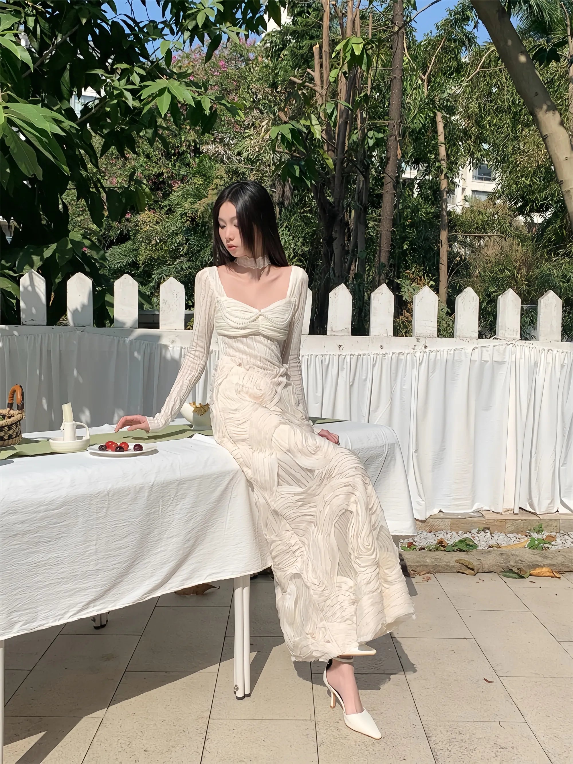 White Textured Panel Knit Dress with Wide Collar Autumn Long Dress