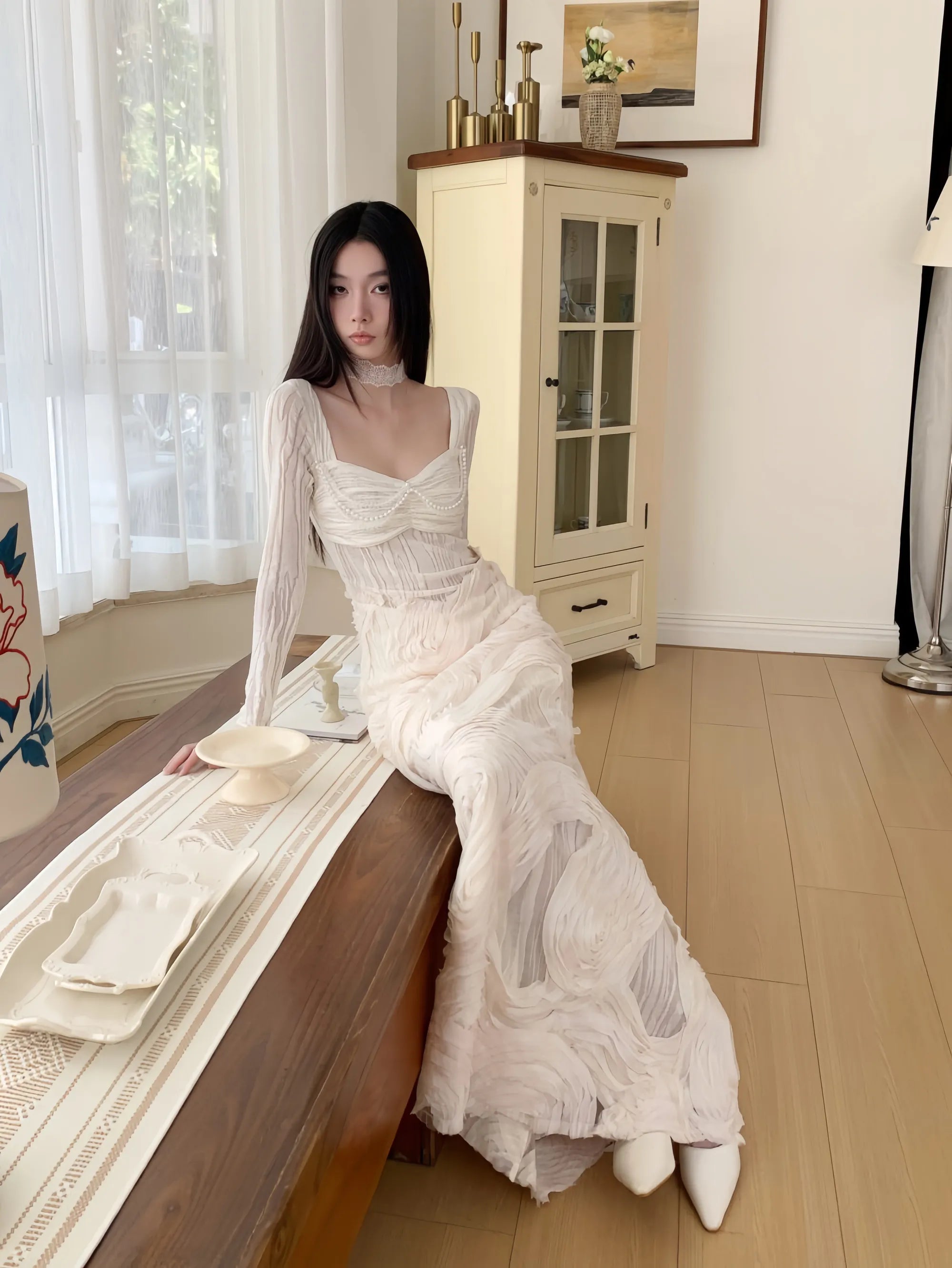 White Textured Panel Knit Dress with Wide Collar Autumn Long Dress