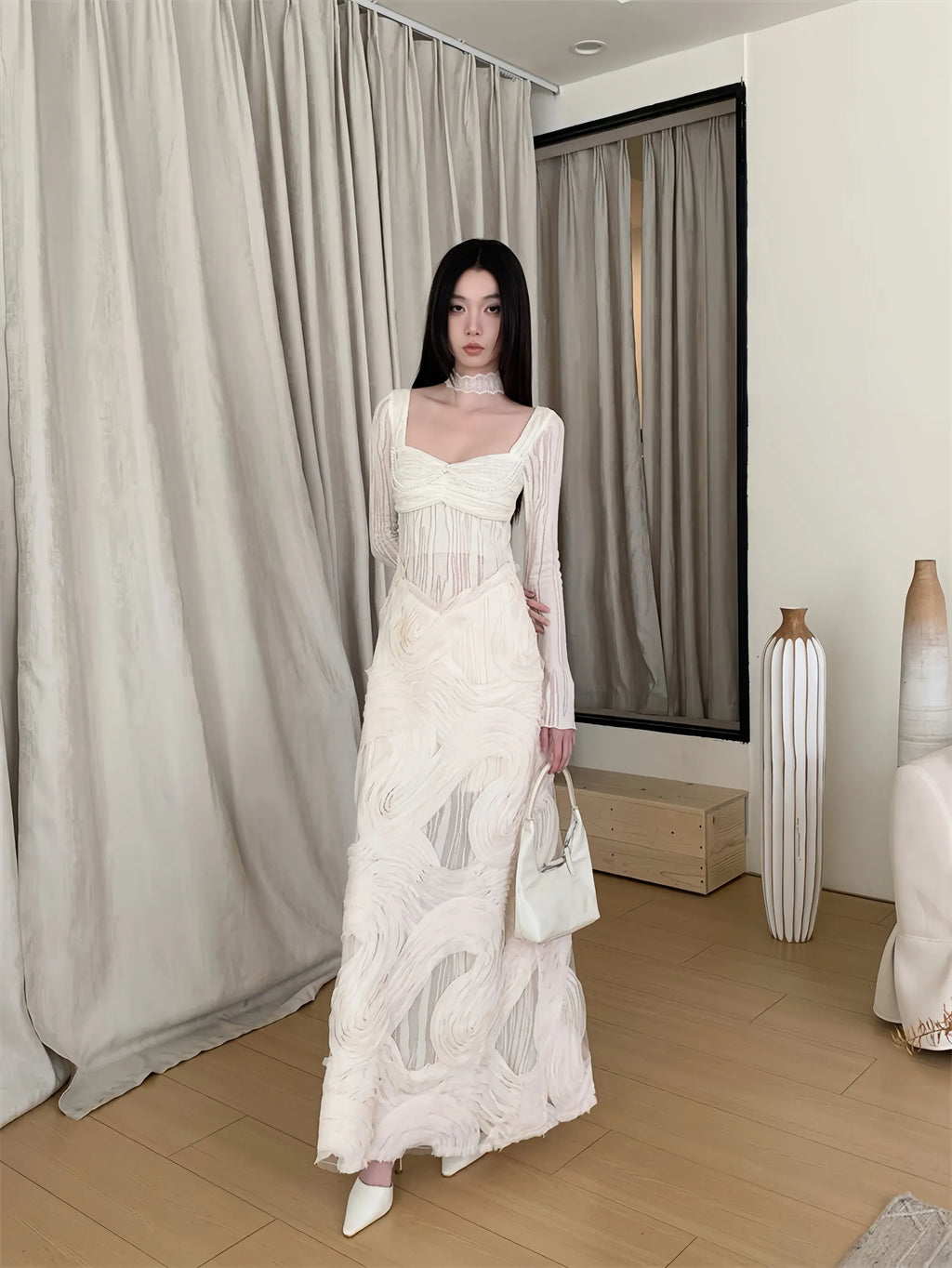 White Textured Panel Knit Dress with Wide Collar Autumn Long Dress