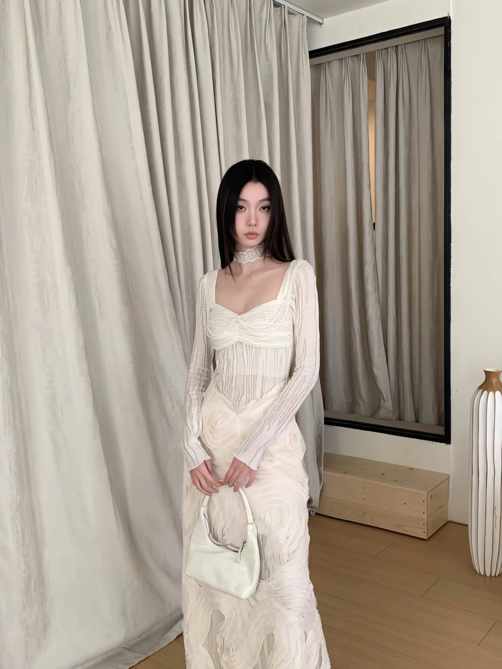 White Textured Panel Knit Dress with Wide Collar Autumn Long Dress