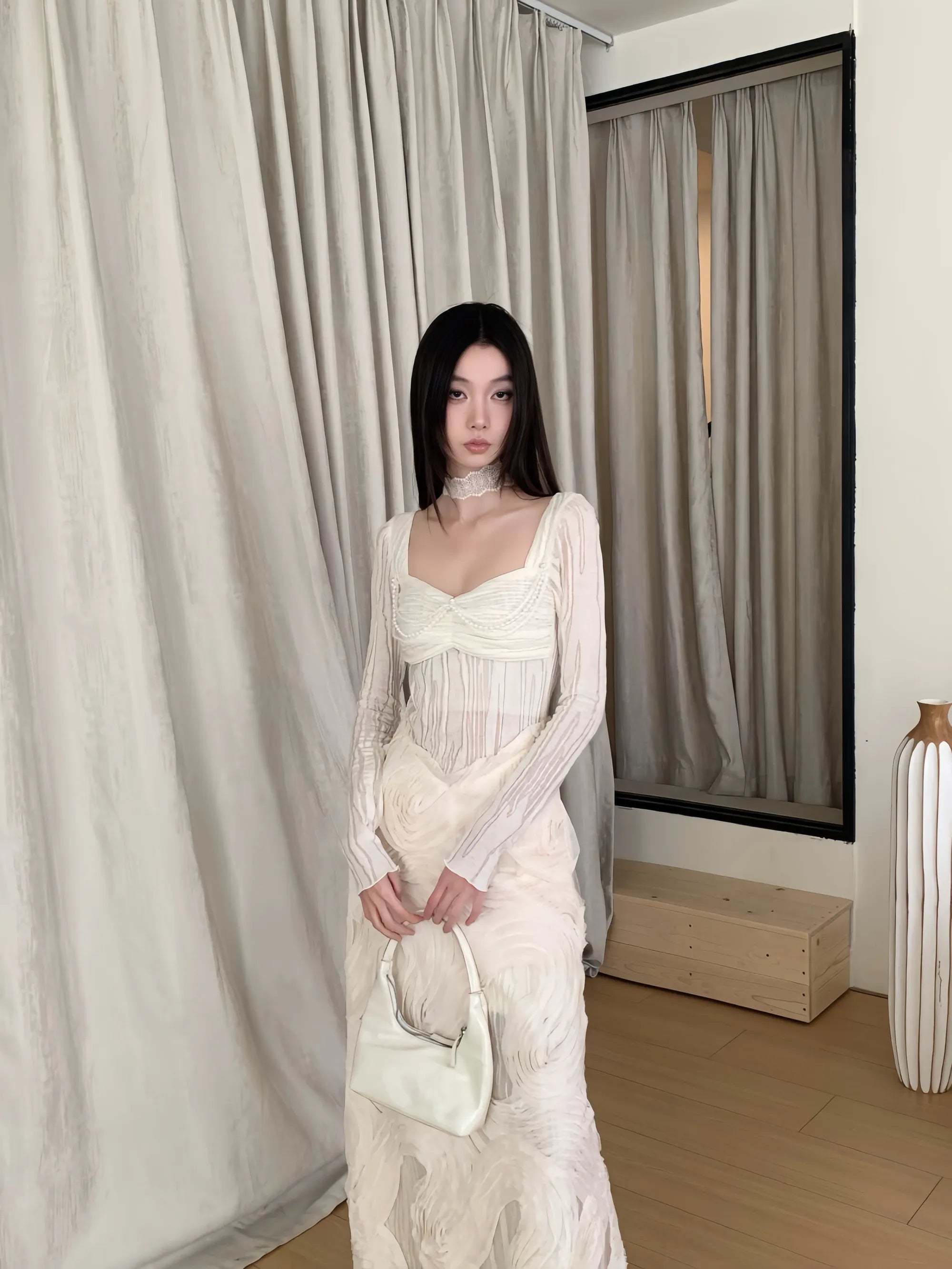 White Textured Panel Knit Dress with Wide Collar Autumn Long Dress