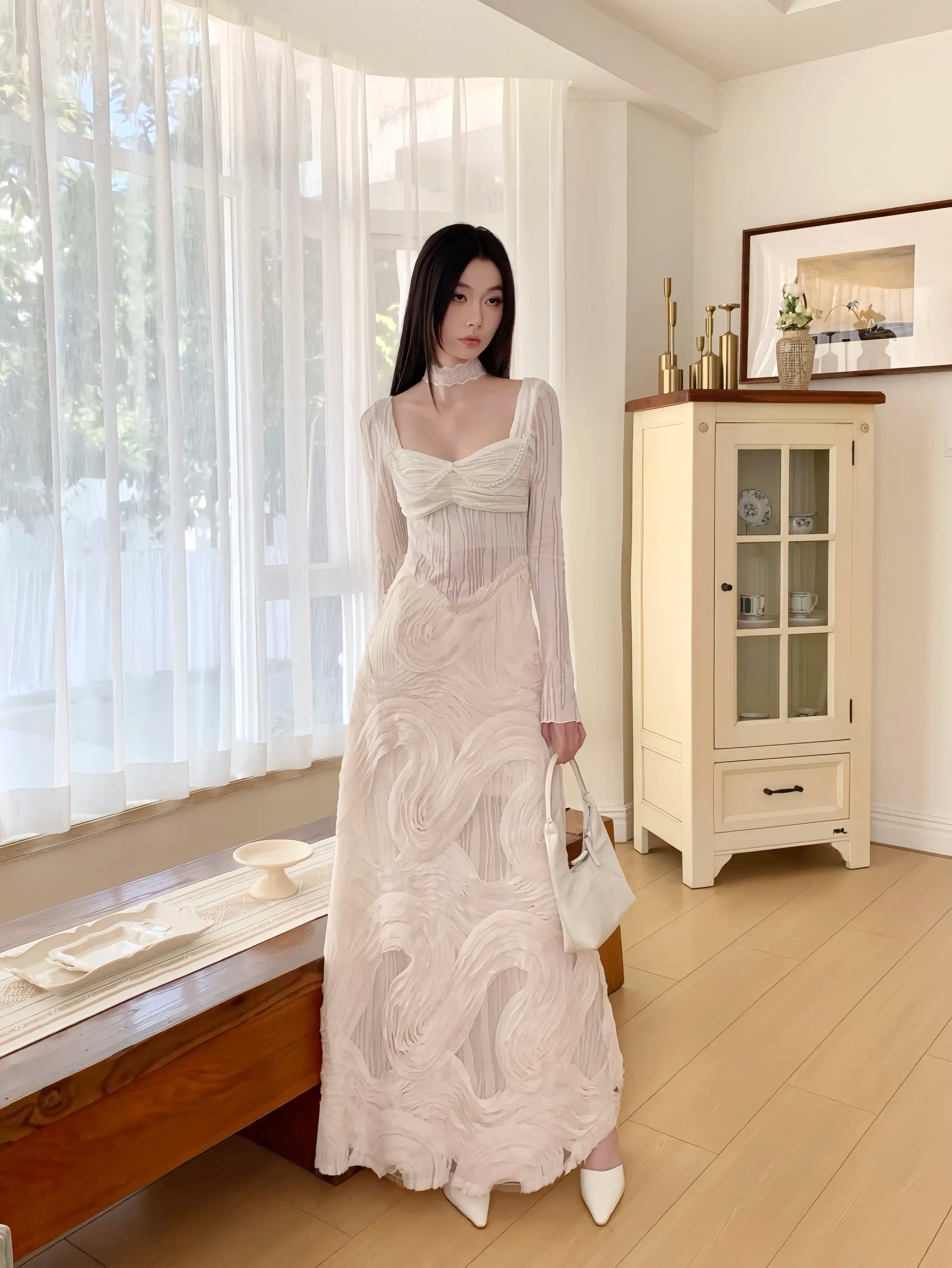 White Textured Panel Knit Dress with Wide Collar Autumn Long Dress
