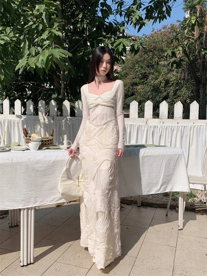 White Textured Panel Knit Dress with Wide Collar Autumn Long Dress