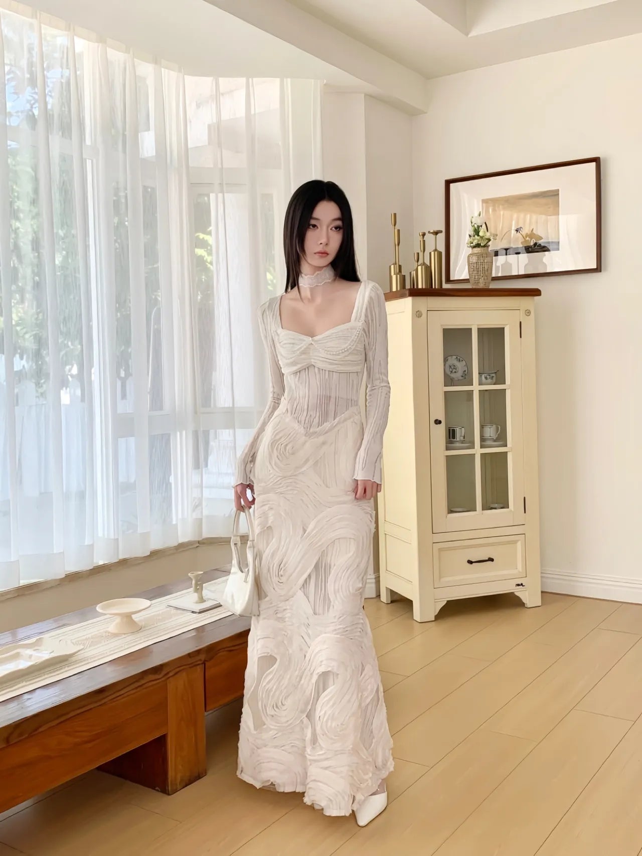 White Textured Panel Knit Dress with Wide Collar Autumn Long Dress